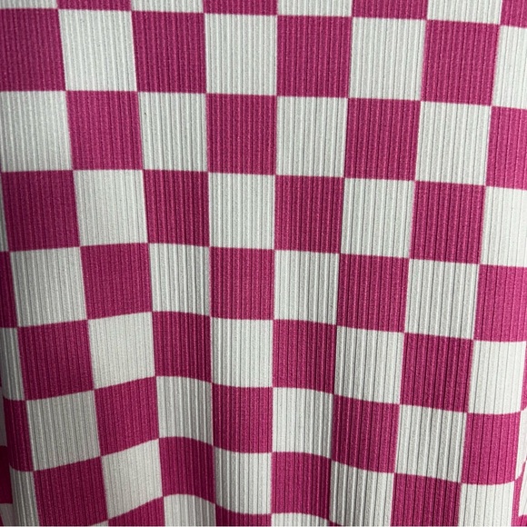 Freckled Poppy Neon Pink Checkered Pattern Ribbed Knit Short Sleeve Top Sz L - Picture 4 of 11